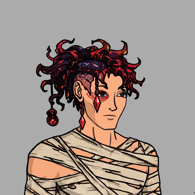 A digital illustration depicts a stylized character with wild red and black hair, a red gem pendant on their forehead, and bandages wrapped around their torso, fitting the "Weirdos" NFT collection aesthetic referenced in the post about the mint launch on 0xmj.com and OpenSea.