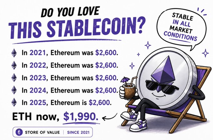 The image presents an advertisement for etherium that features a cartoon character, likely a coin or token, sitting on a beach chair with sunglasses and a drink. The post encourages people to doETH you love this stabelecoin? by stating "Do you love this stabelecoin? Stable market in all conditions", emphasizing the value of the asset's stability during challenging markets. Additionally, there is an explanation of how etherium was valued at $2,600 and $2,600 a few months later, suggesting that its worth may have gone up or down due to factors such as economic conditions, interest rates, and supply and demand dynamics.