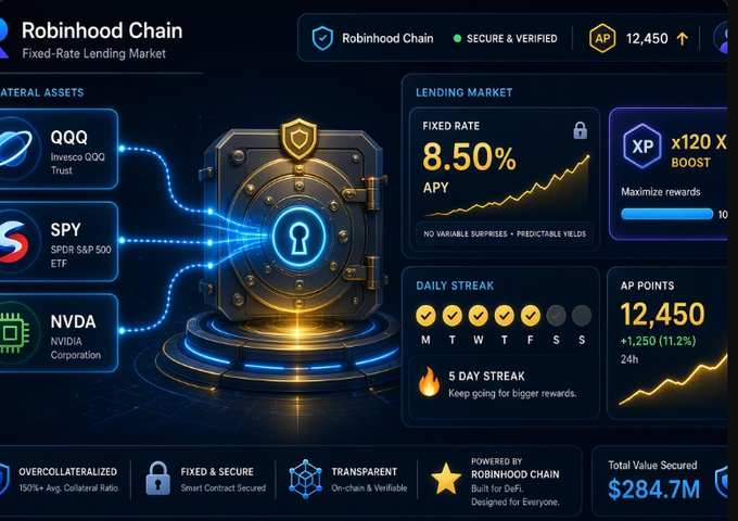 The image displays a "Robinhood Chain Fixed-Rate Lending Market" dashboard featuring collateral assets (QQQ, SPY, NVDA), an 8.50% APY fixed rate, 12,450 AP points with a 1,250 (11.2%) 24h gain, a daily streak tracker, and $284.7M total value secured. However, this appears unrelated to the post, which discusses a TermMaxFi leaderboard with 15-day streaks and ~170k AP points rather than the Robinhood Chain lending platform shown.