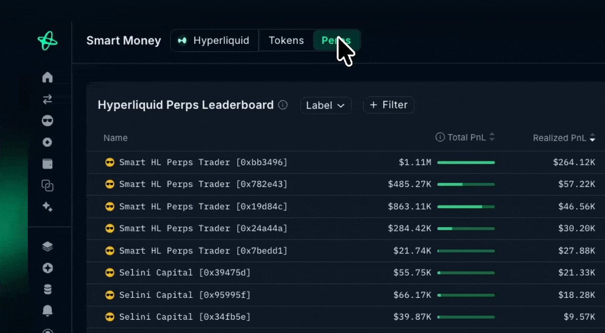 The image shows a page from the Smart Money perps trading site with an abundance of data, including the names of top traders at Hyper Liquid Perps, their trading positions, and the amounts involved. The title "Smart Money perps" is displayed in large white letters above the screen. The image also contains some text that may explain what the image represents or how it relates to the post.
