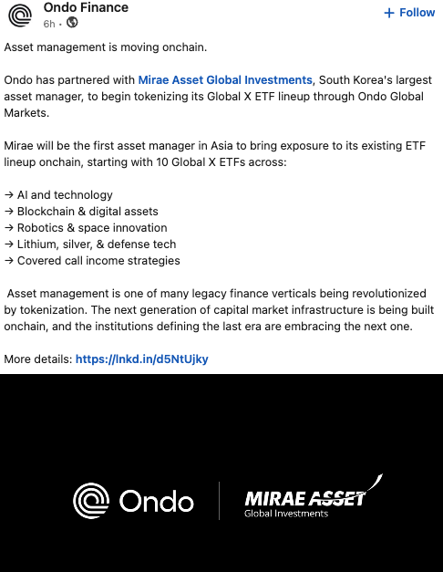The image shows an email advertisement for an investment company called Ondo Finance, which has been featured in a post about global investments. The text of the post highlights that Ondo Finance will be one of the first asset managers to begin using artificial intelligence (AI) and machine learning (ML) technology to analyze market trends and make investment decisions. This information is presented on an email with a black background, white text, and logos for other companies such as WisdomTree, State Street, Fidelity, and BlackRock. The post also mentions that the company has already joined forces with TradFi giants in the West to expand into Asia South Korea's largest asset class.