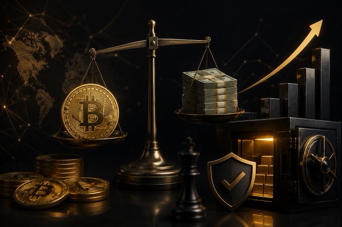 A dramatic dark composition features a scale balancing a gold Bitcoin coin against stacks of cash, alongside a vault, shield, chess piece, and bar chart with an upward arrow symbolizing cryptocurrency investment and security.