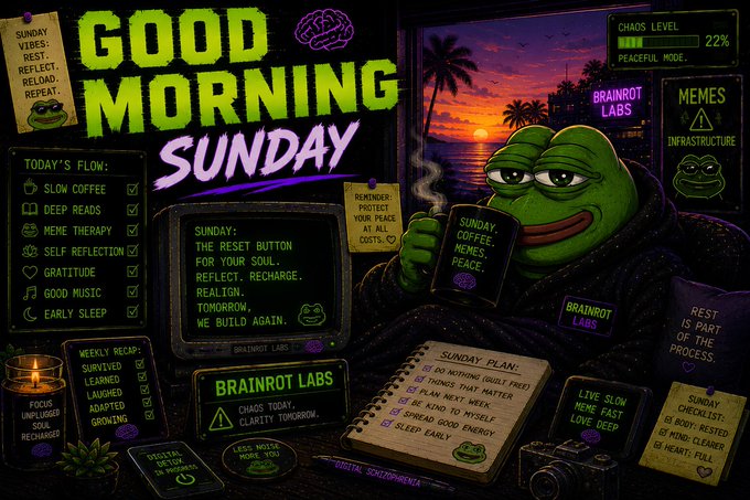 A colorful 'Good Morning Sunday' graphic featuring Pepe the Frog drinking coffee, with various elements including 'Today's Flow' checklist, 'Brainrot Labs' branding, chaos level indicator, and Sunday planning notes.