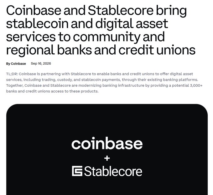 The image is a Coinbase blog post headline dated Sep 16, 2026, announcing that Coinbase and Stablecore are partnering to bring stablecoin and digital asset services—including trading, custody, and stablecoin payments—to over 3,000 community and regional banks and credit unions through their existing banking platforms. This directly relates to the accompanying post's sarcastic observation about fears that stablecoins would destroy community and regional banks; rather than being a threat, stablecoins are now being integrated into these banks' services through a partnership with Coinbase.
