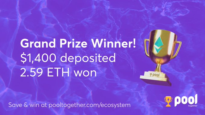Pool Together promotional graphic announcing 'Grand Prize Winner!' with $1,400 deposited and 2.59 ETH won, directing viewers to pooltogether.com/ecosystem.