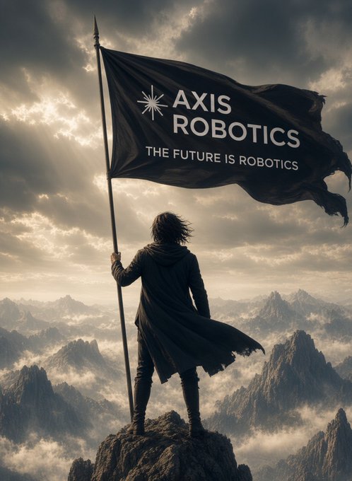 A figure in a dark coat stands on a mountain peak holding a black flag that reads 'AXIS ROBOTICS - THE FUTURE IS ROBOTICS'.
