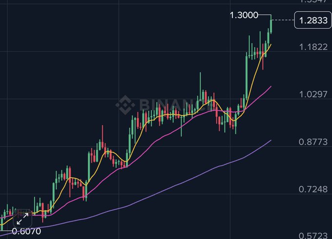 A Binance cryptocurrency candlestick chart displaying a strong upward trend, with the price rising from 0.6070 to 1.2833.