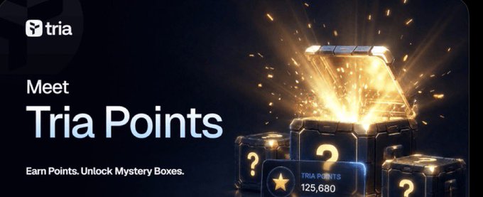 The image features a banner for a rewards program called TRIA Points. It displays three boxes with gold stars, each containing a question mark symbolizing a mystery box that can be opened to reveal a surprise gift inside. The text on the banner encourages users to "meet TRIA Points" and highlights the benefits of participating in the program, such as earning points through real product activity like sharing content or making purchases.