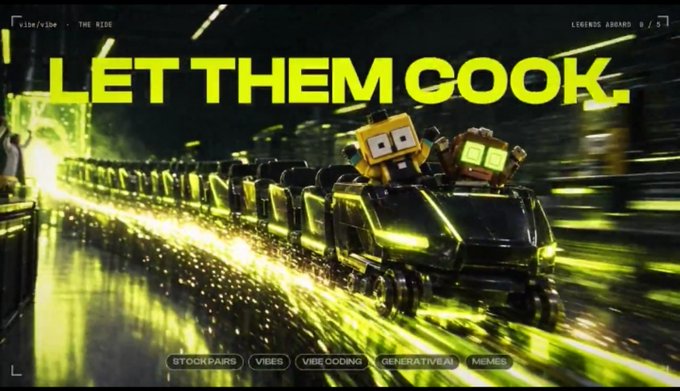 A dynamic scene showing characters in a speeding vehicle made of dark blocks with glowing yellow edges, overlaid with the large yellow text 'LET THEM COOK.'