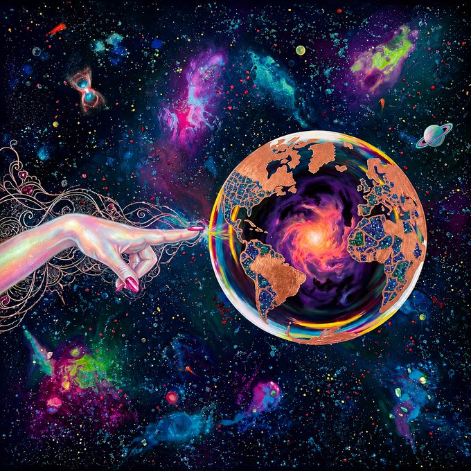 A vibrant cosmic artwork showing a glowing hand pointing toward a fragmented Earth in space, with the planet's center revealing a fiery, swirling vortex surrounded by colorful nebulas and planets.