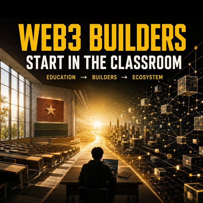 The image is a promotional graphic featuring bold yellow and white text reading "WEB3 BUILDERS START IN THE CLASSROOM" with a subheading "EDUCATION → BUILDERS → ECOSYSTEM." It depicts a person seated at a desk in an empty lecture hall facing a large window, with a glowing gold digital cityscape of interconnected blockchain cubes extending into the distance, visually representing the journey from classroom learning to a thriving Web3 ecosystem. This aligns with the post's message about Stellar Vietnam partnering with Rise In to integrate Stellar into VKU's official curriculum, illustrating how education serves as the foundation for developing future Web3 builders and a broader ecosystem.