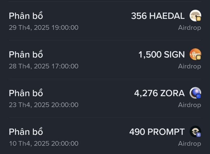 A screenshot shows four cryptocurrency/token airdrop distributions labeled 'Phân bổ' (Vietnamese for distribution) for HAEDAL, SIGN, ZORA, and PROMPT tokens in April 2025.