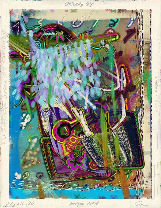 An abstract mixed-media artwork featuring layered, chaotic strokes in greens, blues, purples, and yellows with hand-written text including 'Cracky Dip', 'July 28: 26', and 'Jardpop 06/68' along the borders.
