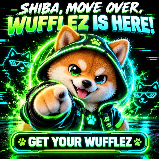 A vibrant neon-style graphic advertising "WUFFLEZ" cryptocurrency/meme coin, featuring a Shiba Inu dog in a green hoodie with the text "SHIBA, MOVE OVER. WUFFLEZ IS HERE!" and "GET YOUR WUFFLEZ" at the bottom.