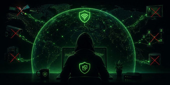 A hooded figure sits at a laptop in front of a glowing green digital globe, with red X marks over surveillance cameras and icons suggesting cybersecurity or privacy protection.