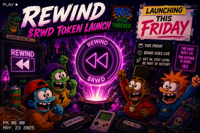 A vibrant 90s-themed promotional poster announces the "$RWD Token Launch" with cartoon characters cheering around a glowing neon rewind button, set to launch "This Friday" at "PM 06:00, May. 23 2025," matching the post's countdown details for the Rewind Static token launch event.