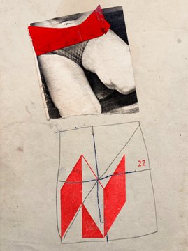 An artistic collage on aged paper featuring a black and white photo of a person's legs partially covered by a red shape, with geometric sketches and red markings below.