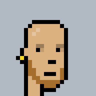 A pixelated, light-skinned character with a chinstrap beard and yellow earring is depicted in a minimalist style, representing a Depunk (#268) created as a derivative of the original Cryptopunk NFT. The image illustrates the character's distinctive features that match the post's description, though the mole is intentionally omitted to avoid duplicating the original Cryptopunk.