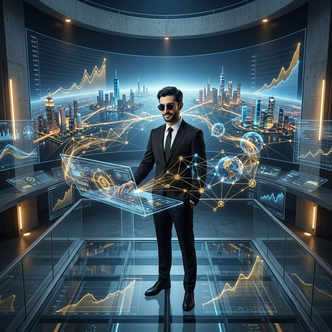 A confident analyst in a suit and sunglasses stands in a futuristic command center, surrounded by holographic charts, network nodes, and a glowing cityscape skyline, symbolizing the data-driven growth and interconnected power of onchain finance on Base. The image visually reinforces the post's message of efficiency, scale, and sophistication, with its advanced financial dashboards echoing the ecosystem's $4B+ TVL, $12B+ in assets, and $34T in transaction volume.