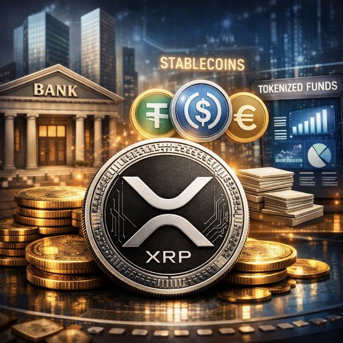 The visual showcases an XRP coin prominently displayed alongside currency symbols for dollar, franc, and euro, with a "BANK" building on the left and a "TOKENIZED FUNDS" screen on the right, illustrating Ripple's new role-based account permissions for banks and financial institutions to manage stablecoins and tokenized assets securely without sharing account keys.