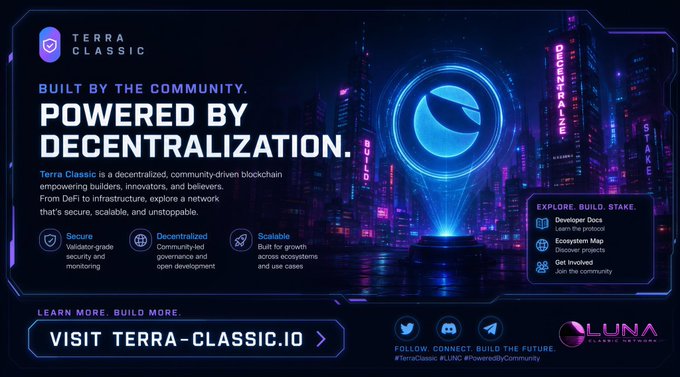The image features a poster for a project called "LunaClassic Community". The poster has a dark blue background with purple neon lights illuminating the city skyline at night. The title of the project is prominently displayed in white text, while the rest of the content is presented in black and white. The poster also includes a social media handle, @terra_classic, which can be found on the bottom right corner.