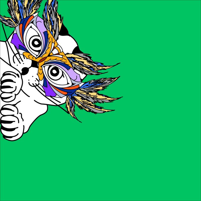 A stylized, colorful drawing of a feline or animal face with vibrant, feather-like ears and decorative patterns around the eyes, positioned on the left side against a bright green background with a clawed paw visible below.