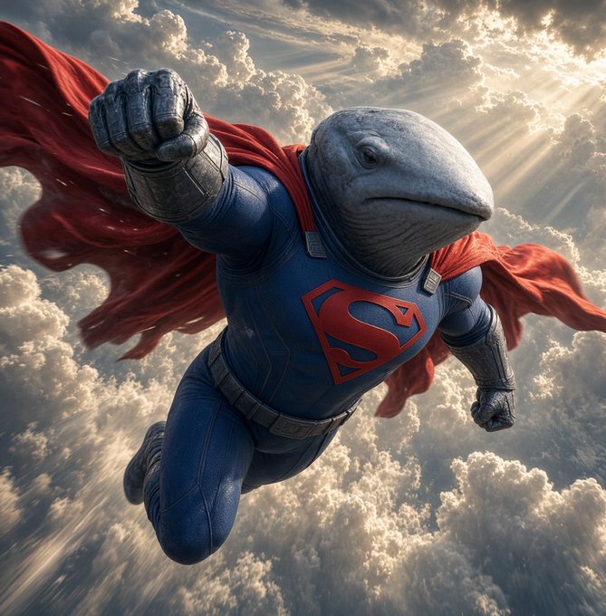 A muscular whale-headed superhero in a blue suit with a red "S" emblem and flowing red cape soars powerfully through cloudy skies, fist raised. The image ties into the post's promotion of $SW (Super Whale), depicting the token's mascot as a heroic, sky-dominating figure ahead of its 6-hour CA launch.