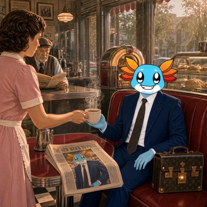 A vintage-style illustration of a retro diner where a waitress serves coffee to a customer in a blue suit, whose head is humorously replaced with the blue axolotl mascot from the game Ragnarok Online.