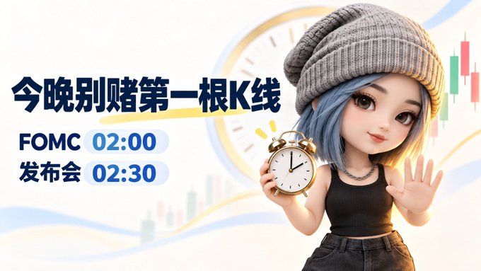 A promotional graphic with an anime-style girl holding a clock, displaying text '今晚别赌第一根K线' with FOMC times 02:00 and 02:30.