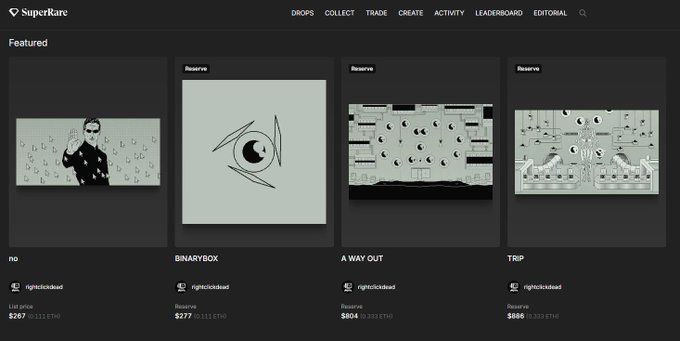 A screenshot of the SuperRare NFT marketplace 'Featured' section displaying four digital artworks titled 'no', 'BINARYBOX', 'A WAY OUT', and 'TRIP' by user rightclickbait, with prices listed in ETH.