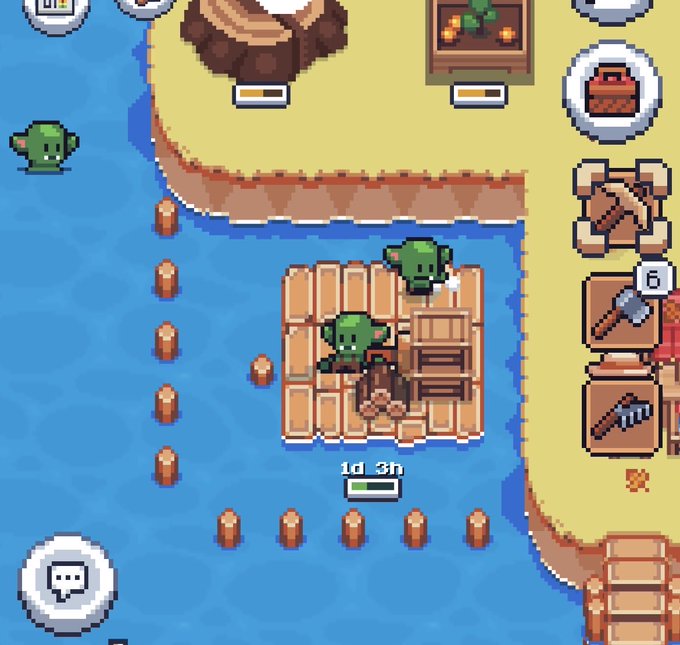 Pixel art game scene showing green goblin-like characters on a wooden dock and raft in blue water, with a timer reading '1d 3h' and tool icons including a hammer and bucket.