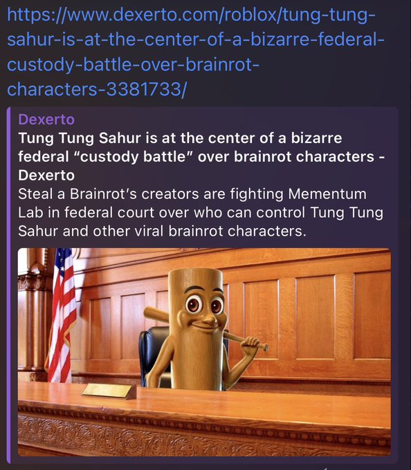 A news article from Dexerto shows the viral "brainrot" character Tung Tung Sahur depicted as a wooden mallet figure sitting at a courtroom bench, illustrating a federal lawsuit between Steal a Brainrot's creators and Mementum Lab over control of viral Roblox brainrot characters. The image relates to the post's discussion of a court battle over the "Triple T" character, humorously suggesting Solana should "take control" since AI-generated characters cannot receive copyright protection.