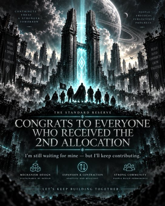 Dramatic fantasy artwork titled 'THE STANDARD RESERVE' with text 'CONGRATS TO EVERYONE WHO RECEIVED THE 2ND ALLOCATION' and 'I'm still waiting for mine - but I'll keep contributing,' featuring silhouetted figures before a glowing portal.