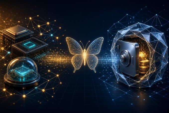 A digital artwork featuring a glowing golden butterfly between computer chips and a metallic safe/safe-like structure, set against a dark background with network connection lines.