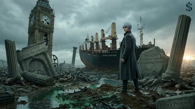 Cinematic illustration of a silver-haired man in a trench coat standing amid ancient ruins with a rusted ship and Big Ben in the background, featuring text 'The system behind the system..', 'The $20T Maritime Industry is Coming Onchain', and 'Ethra Protocol'.