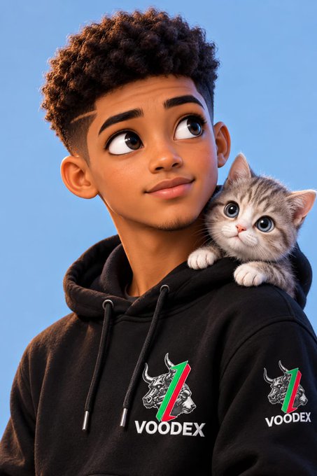A 3D-rendered character wearing a black 'VOODEX' hoodie looks up while a small gray and white kitten rests on his shoulder.