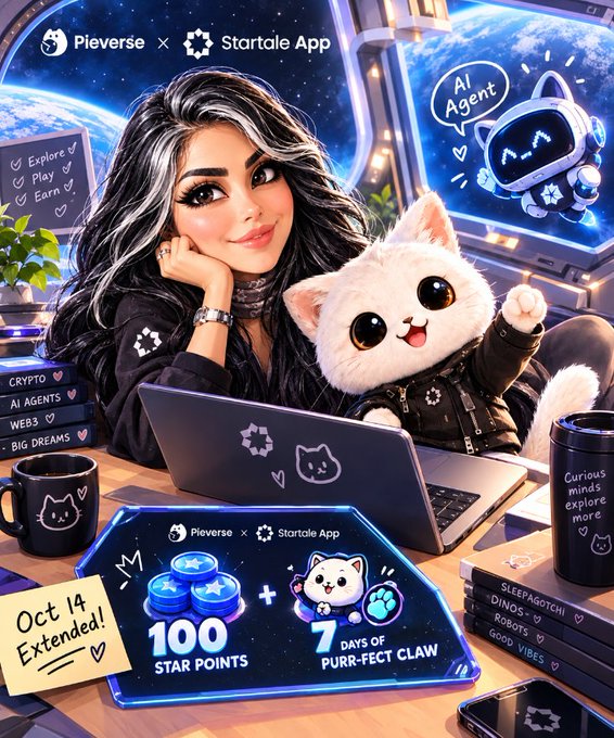 A vibrant promotional illustration for 'Pleverse x Startale App' features a stylized woman with dark hair holding a fluffy white cat, surrounded by tech elements including a laptop, an 'AI Agent' robot, and promotional text offering '100 STAR POINTS' plus '7 DAYS OF PURR-FECT CLAW' with an 'Oct 14 Extended!' note.