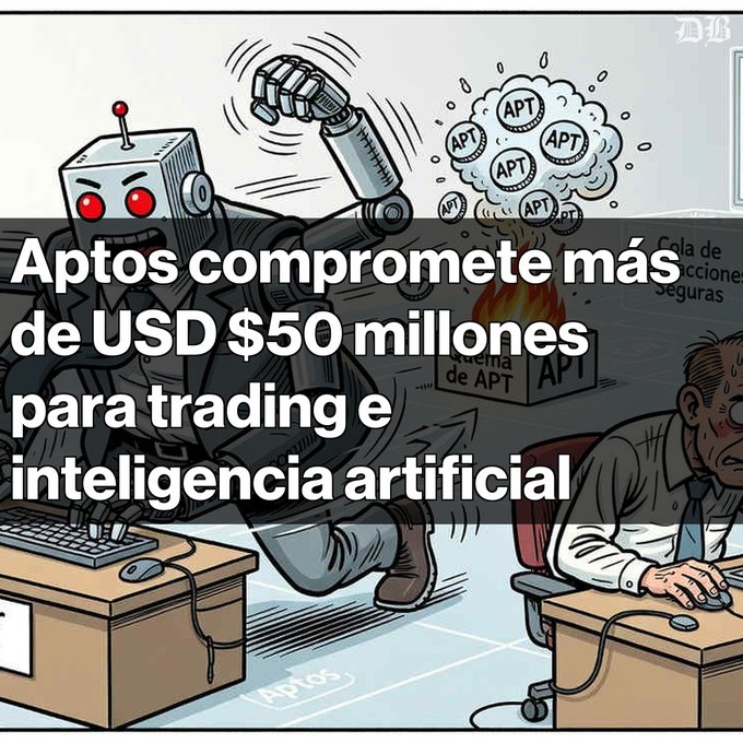 A cartoon illustration of a robot attacking a person at a desk, with the Spanish text overlay 'Aptos compromete más de USD $50 millones para trading e inteligencia artificial'.