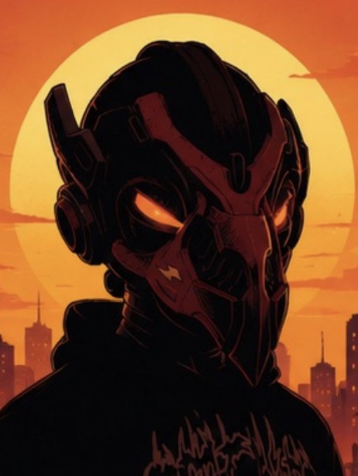 A robotic figure with glowing orange eyes and a sleek black helmet stands silhouetted against a large orange sunset, with a cityscape visible below. The futuristic, anime-style aesthetic pairs with the "GM GM" post as a cyberpunk-inspired good morning greeting.