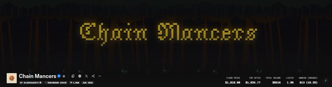 A banner for 'Chain Mancers' with pixelated yellow text on a black background, showing a Twitter handle @chainmancers with 51,818 followers.