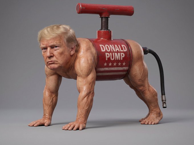 A satirical image shows a muscular bodybuilder's torso and limbs fused into a red tire pump labeled "DONALD PUMP" with stars, topped with a Donald Trump head, kneeling on all fours. The accompanying post mocks Trump by likening him to this defeated "Donald Pump" figure after losing to crypto developers, with Pumpfun reduced to "mush."