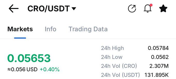 The image shows a cryptocurrency trading interface displaying the CRO/USDT pair at a price of $0.05653, down from a 24-hour high of $0.05784, with a trading volume of 131.895K USDT. This illustrates the post's frustration, as the poster's $3,000 investment in CRO has allegedly dwindled to just $200, reflecting the token's significant decline in value.