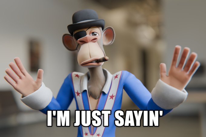 The image features a cartoon monkey wearing a top hat, holding up both hands with one hand open as if waving or greeting someone. The background of the image appears blurry, making it difficult to discern any other objects or details beyond the monkey's face. The caption "bored ape yacht club" is written in white text at the bottom right corner of the image.