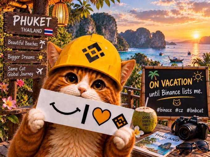 An AI-generated illustration of an orange tabby cat wearing a Binance-themed hard hat in Phuket, Thailand, holding a sign and featuring text 'ON VACATION until Binance lists me' with hashtags #binace #cz #bnbcat.