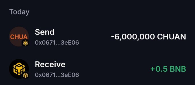 A crypto wallet interface showing a 'Send' transaction of -6,000,000 CHUA and a 'Receive' of +0.5 BNB, both with address 0x0671...3eE06.