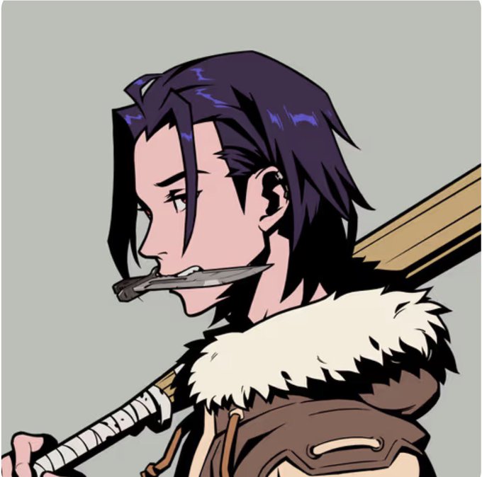 Anime-style illustration of a purple-haired character in profile, wearing a fur-lined cloak and holding a sword in their mouth.