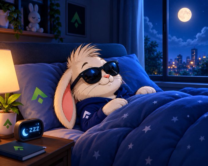 An animated illustration of a rabbit wearing sunglasses and a blue hoodie sleeping in a bed with a "ZZZ" clock beside it.