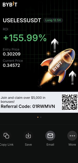 A BYBIT trading screenshot showing a 'USELESSUSDT' Long 12.5X position with +155.99% ROI, an entry price of 0.30209, and a current price of 0.34572, along with a referral code '01RWMVN'.