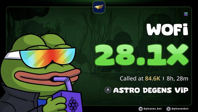 A Pepe frog character wearing sunglasses holds a juice box in a promotional graphic celebrating a 28.1x gain on $WOFI, which was called at $84.6K market cap by Astro Degens VIP 8 hours and 28 minutes prior. The caption text highlights the impressive rally from entry to $2.38M MC, tying the bold green "28.1x" headline directly to the success story described in the accompanying post.