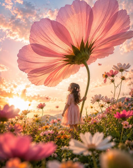 A dreamy digital illustration of a young girl in a pink dress standing in a field of flowers, gazing up at an oversized pink cosmos flower against a sunset sky.